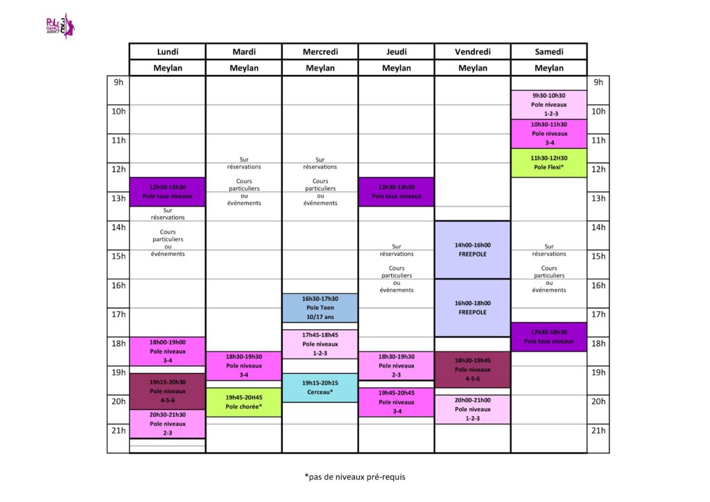 Voici le planning des cours de pole dance et cerceau pour l'année scolaire 2019-2020