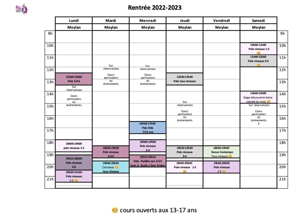 Voici le planning des cours de pole dance, cerceau et danse pour la rentrée 2022/2023 à Meylan près de Grenoble